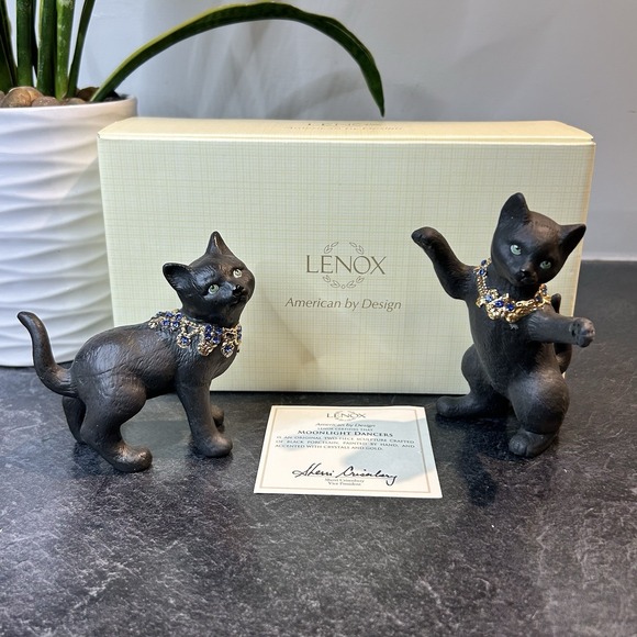 NIB‎ Lenox MOONLIGHT DANCERS ALLURE Jeweled Collar Black Cat Ceramic Figurines - Picture 1 of 12
